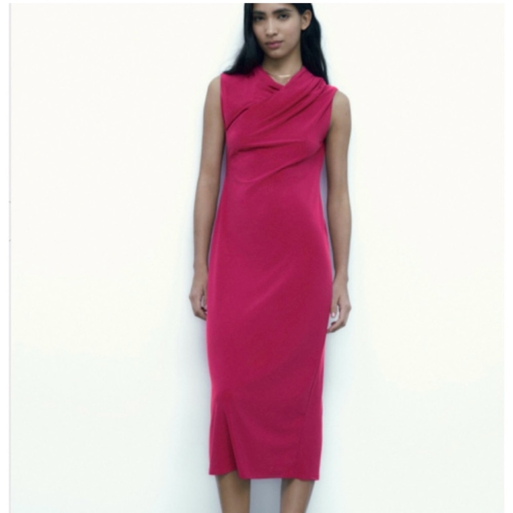 Zara Sleeveless Fuchsia Pink Midi Bodycon Dress